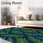 Green Leafy Palm Branches Navy Blue Rug