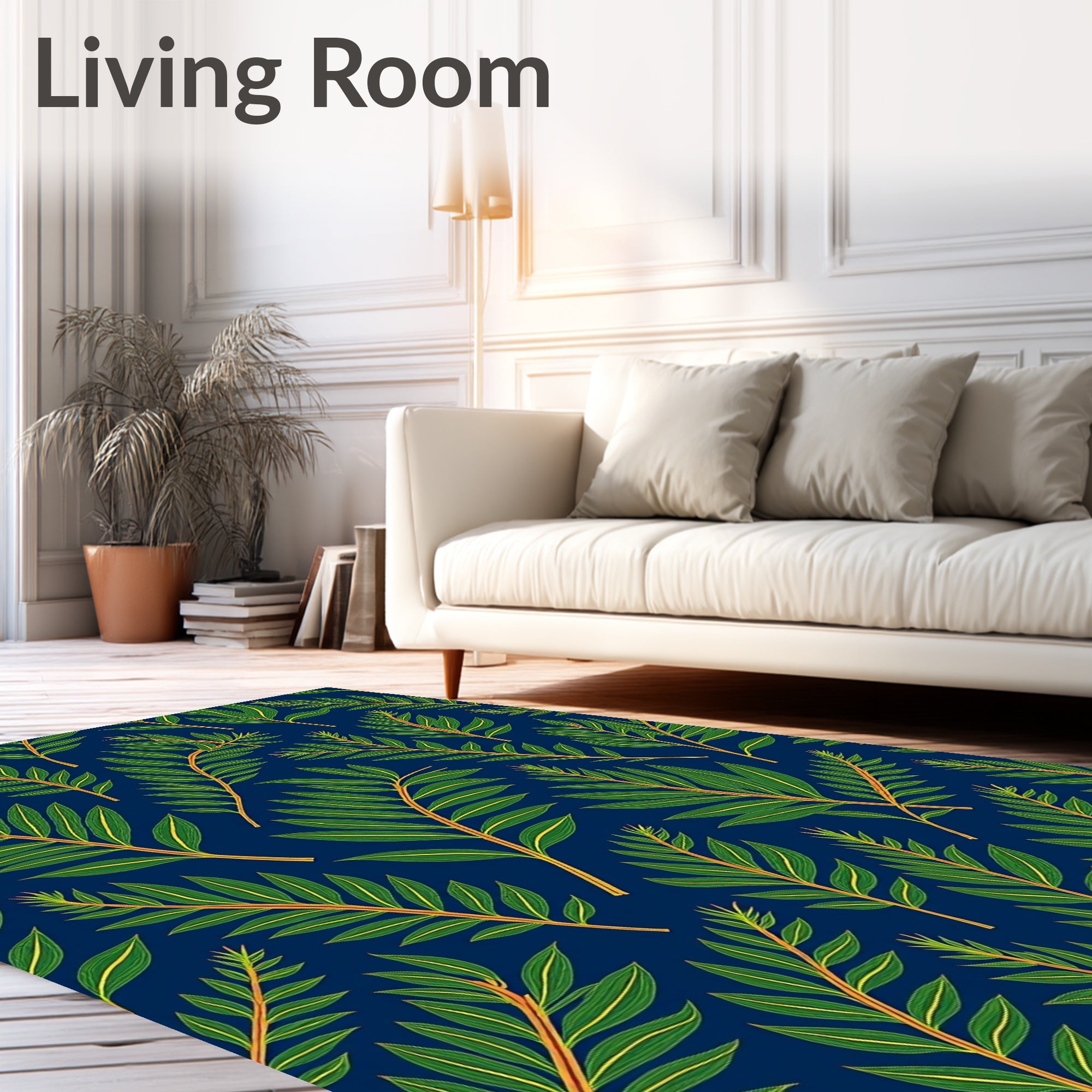 Green Leafy Palm Branches Navy Blue Rug