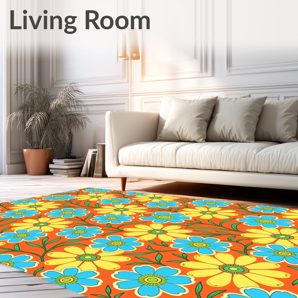 Vibrant Orange Floral With Blue Yellow Accents Rug