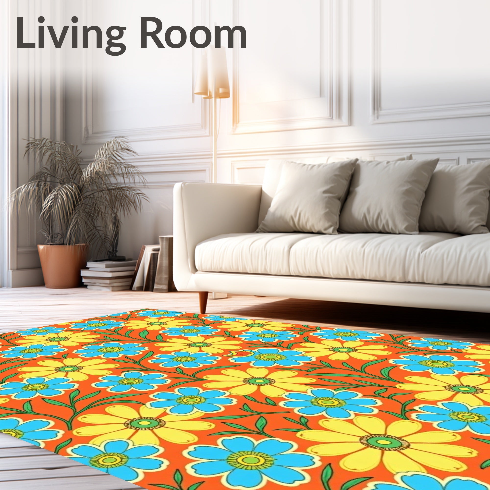 Vibrant Orange Floral With Blue Yellow Accents Rug