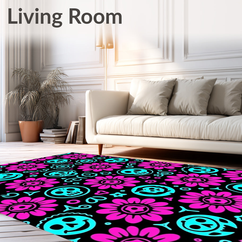 Pink Floral Skulls With Smiles Rug