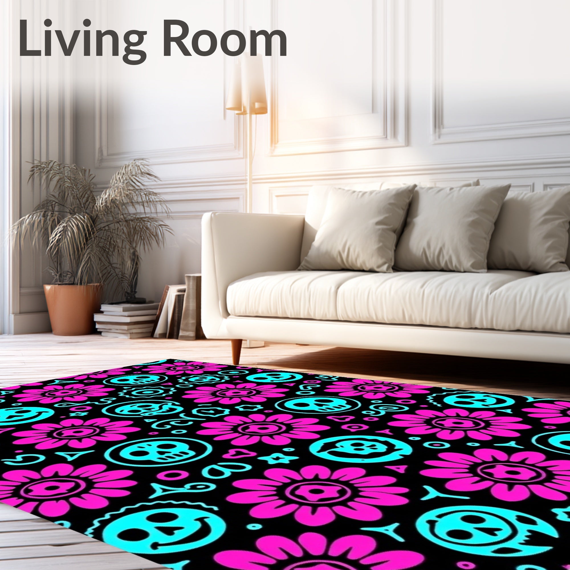 Pink Floral Skulls With Smiles Rug
