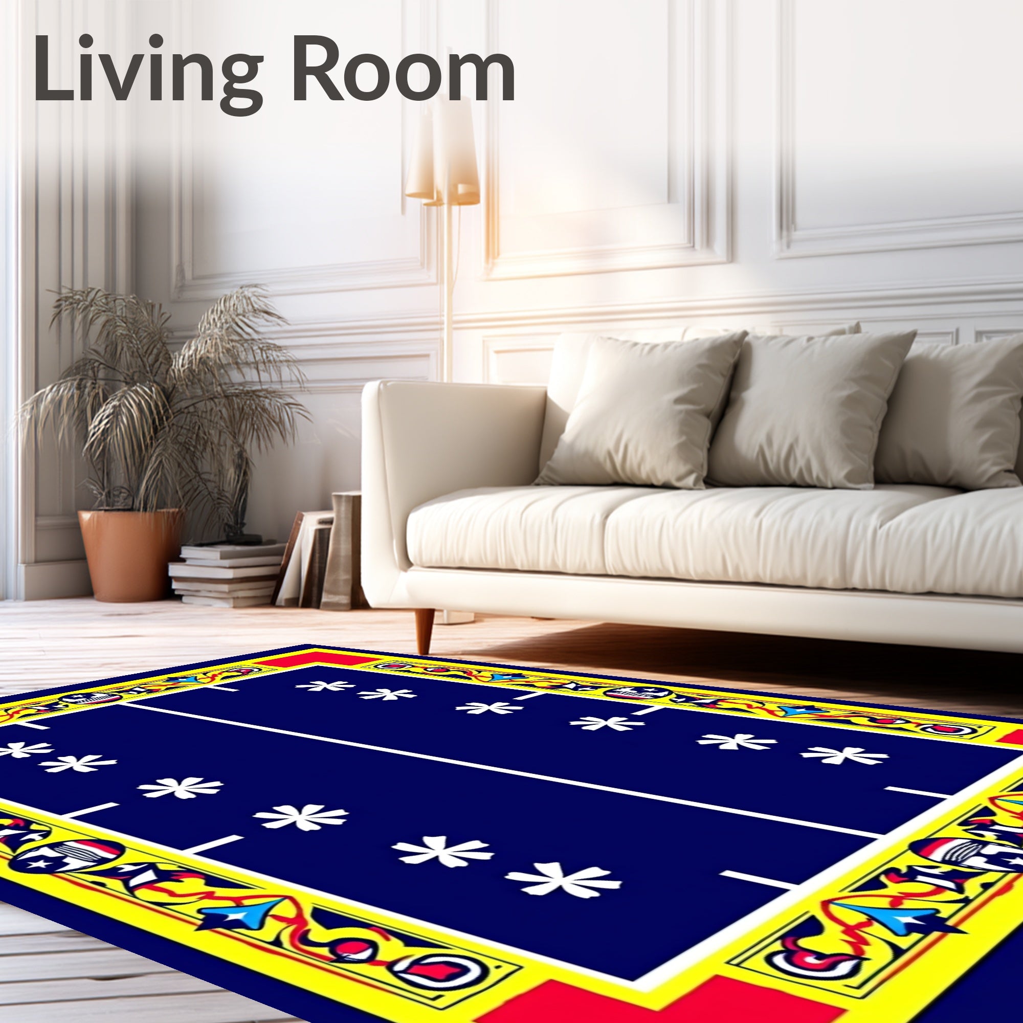 Vibrant Blue Red Yellow Star Border Rug