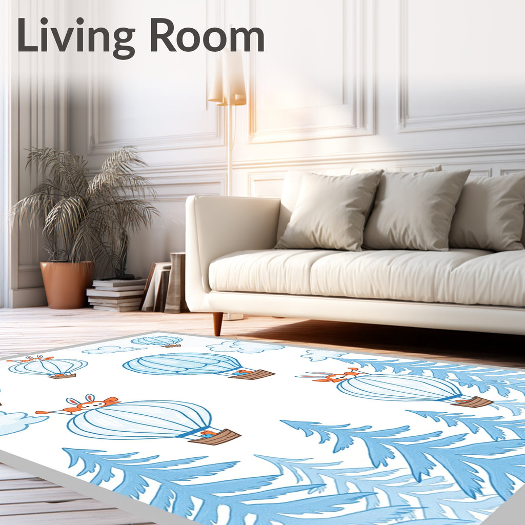 Whimsical Blue Hot Air Balloon Forest Friends Rug