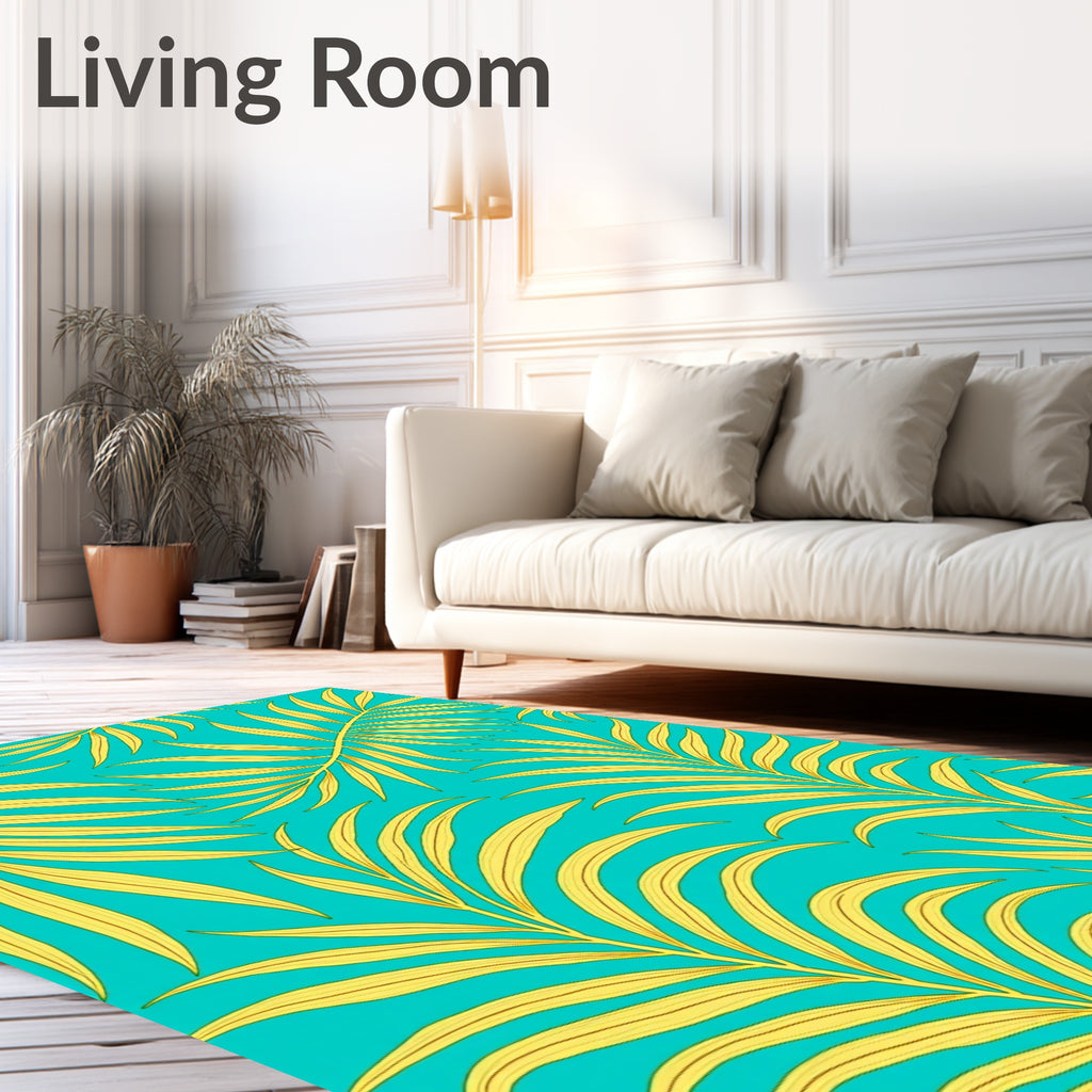 Vibrant Yellow Palm Frond Teal Background Rug