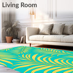 Vibrant Yellow Palm Frond Teal Background Rug