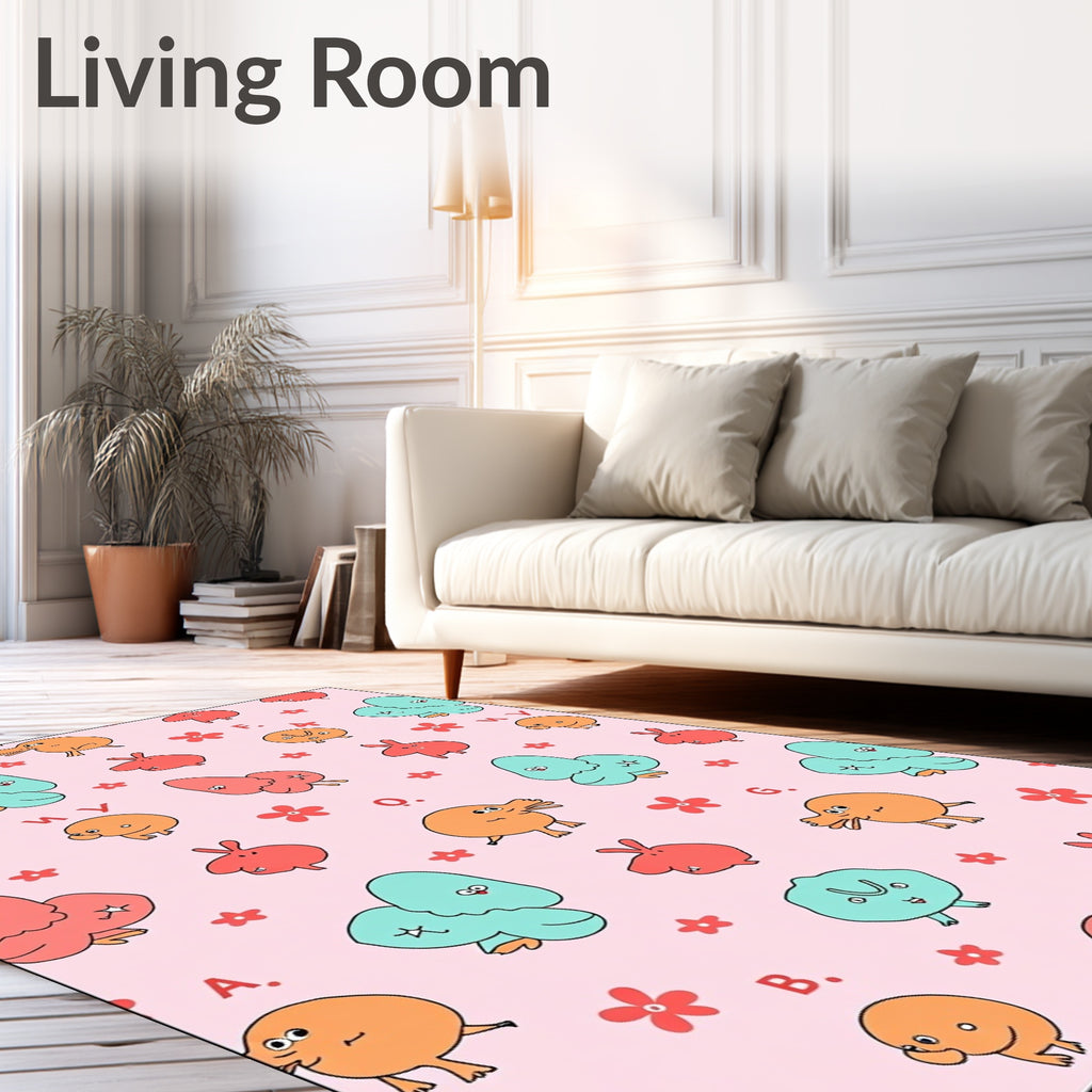 Playful Pink Cartoon Critter Meadow Rug