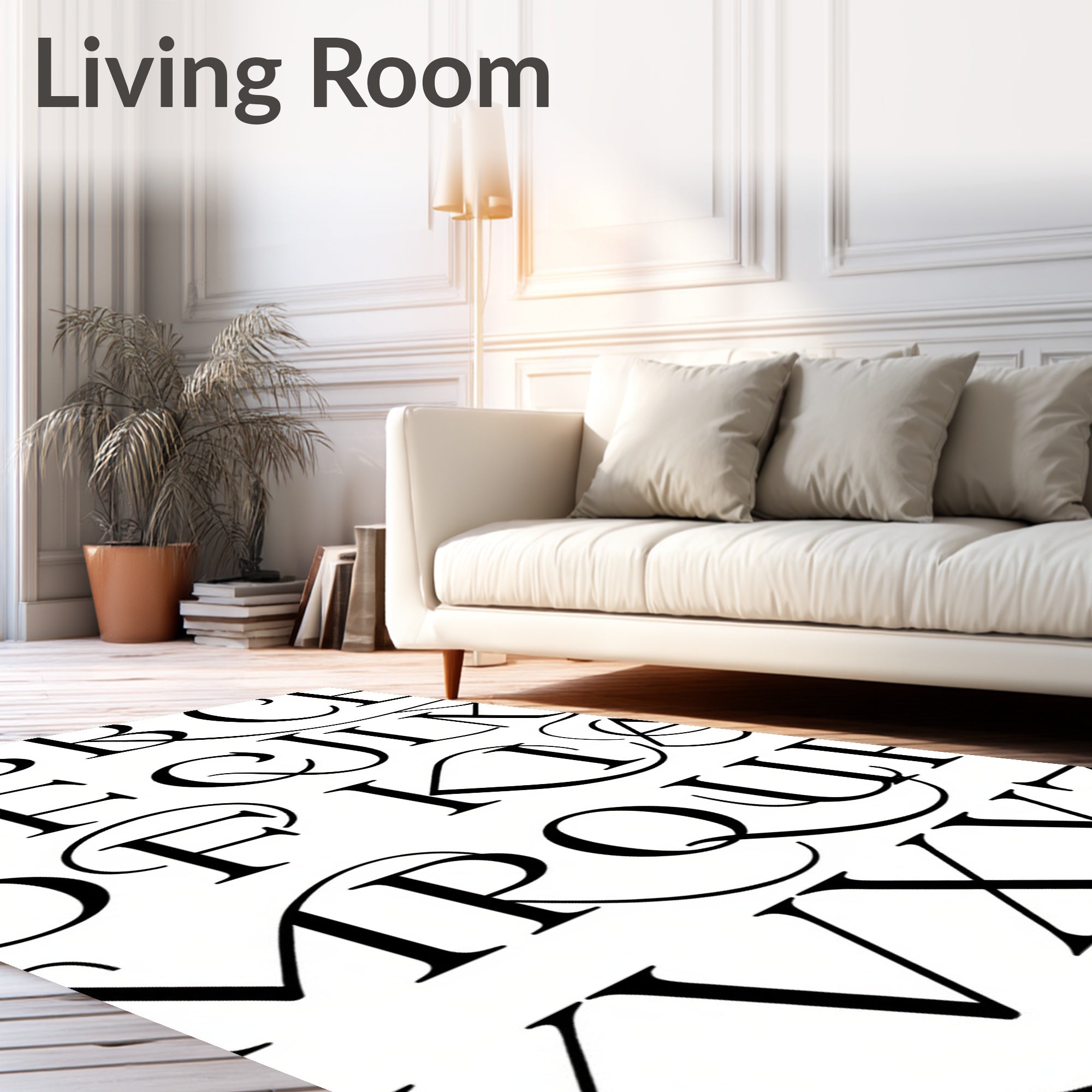 Elegant Black Serif Alphabet Swirl Rug