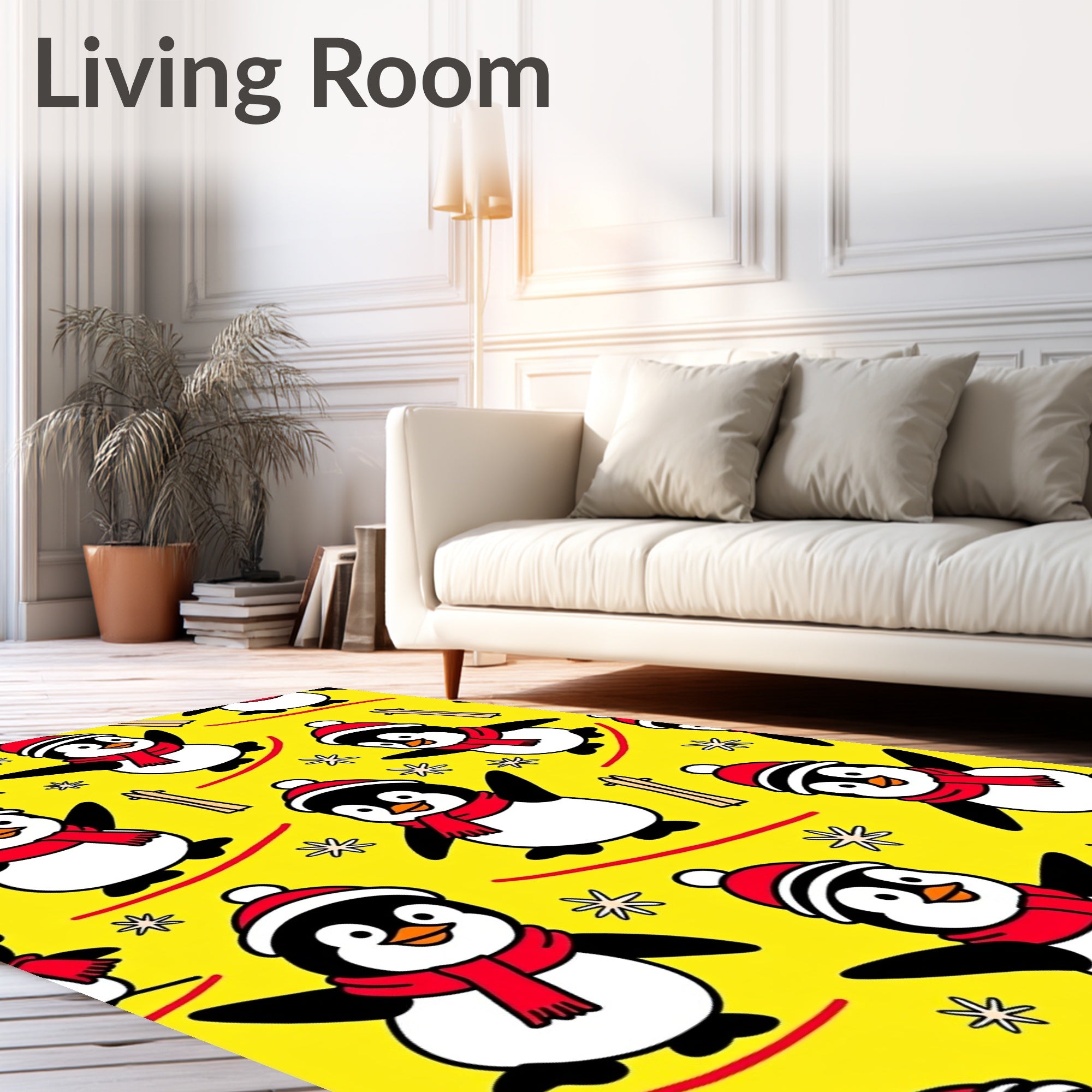 Cute Skiing Penguin Whimsical Yellow Rug