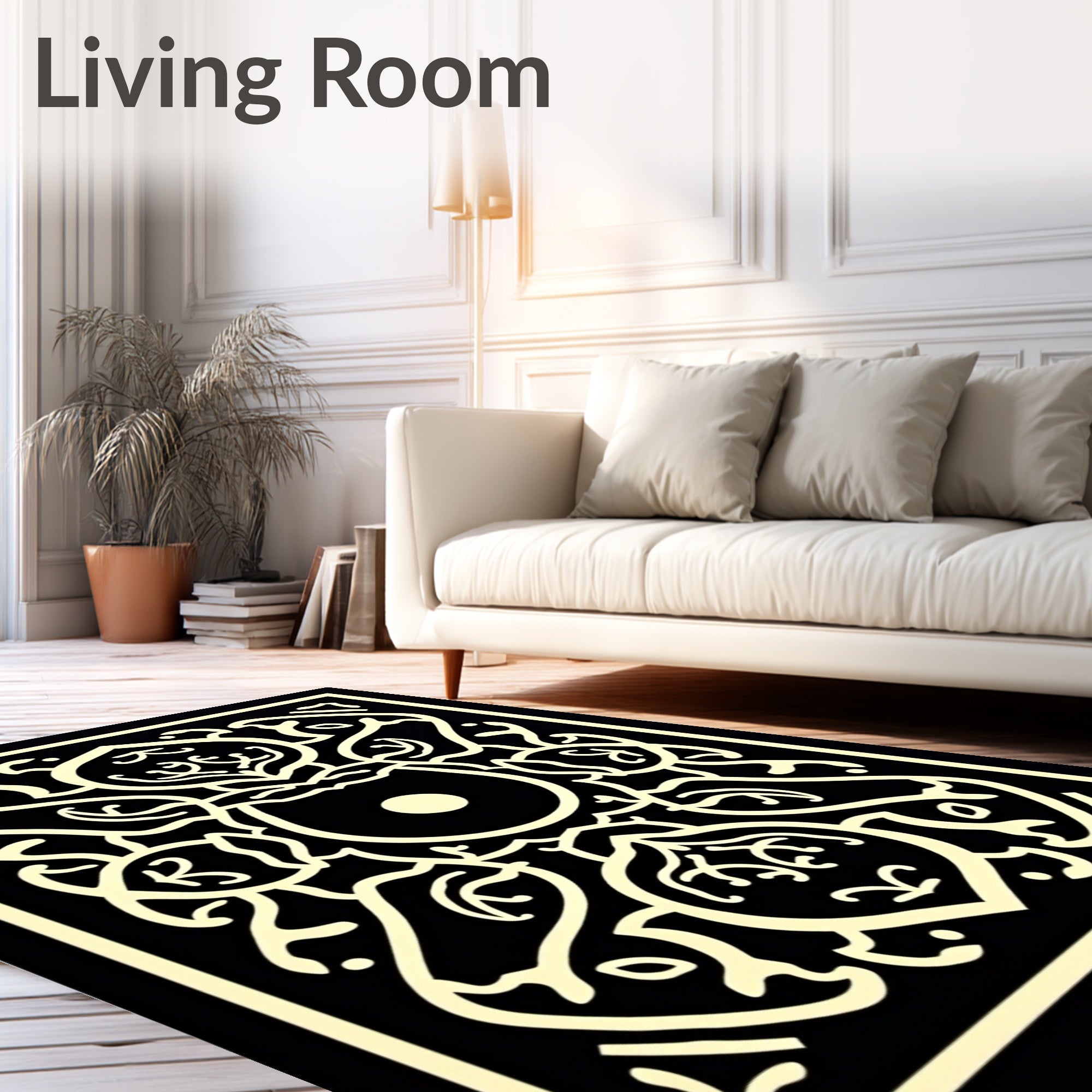 Ornate Ivory Animal Family Black Rug