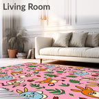 Whimsical Woodland Creatures Pink Background Rug