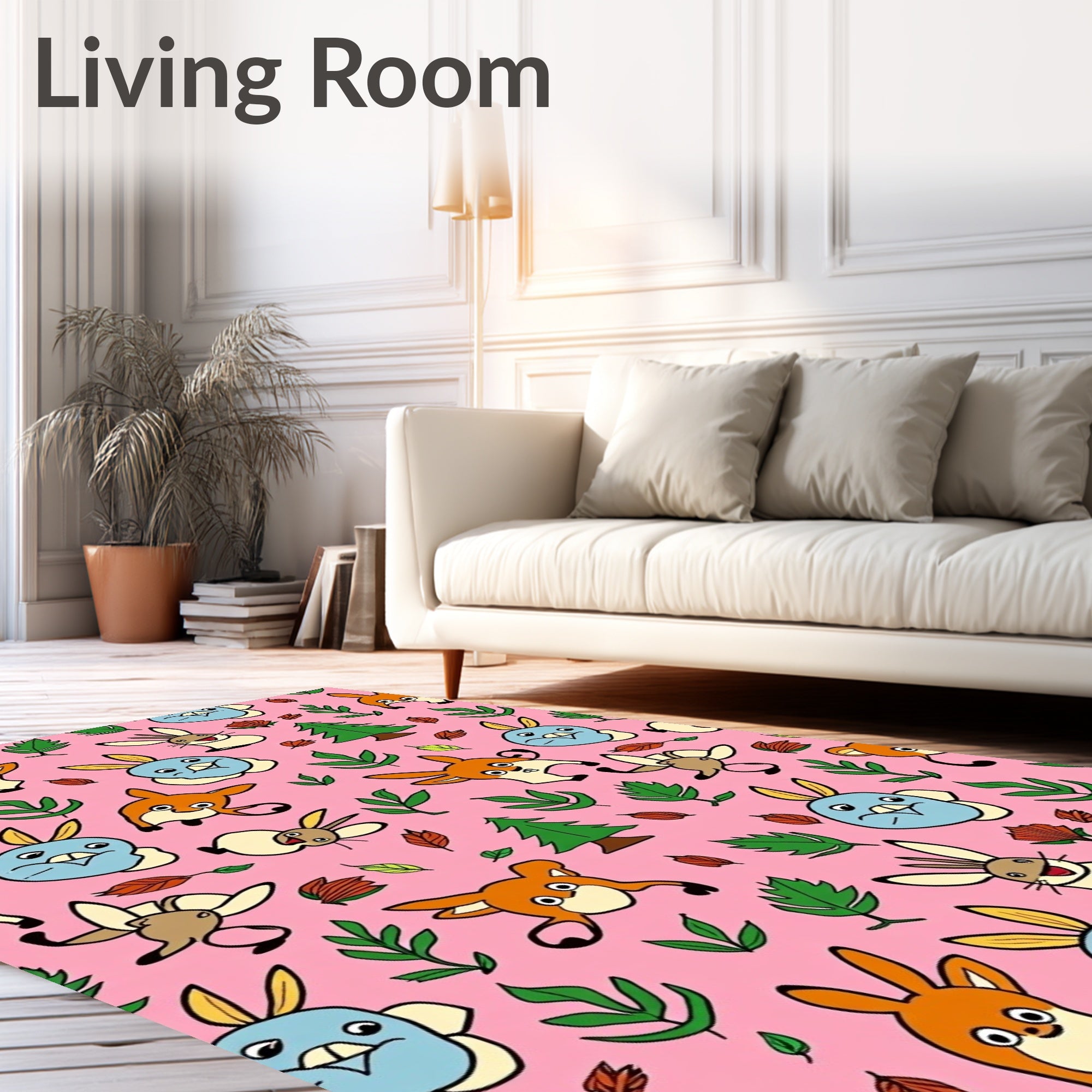 Whimsical Woodland Creatures Pink Background Rug