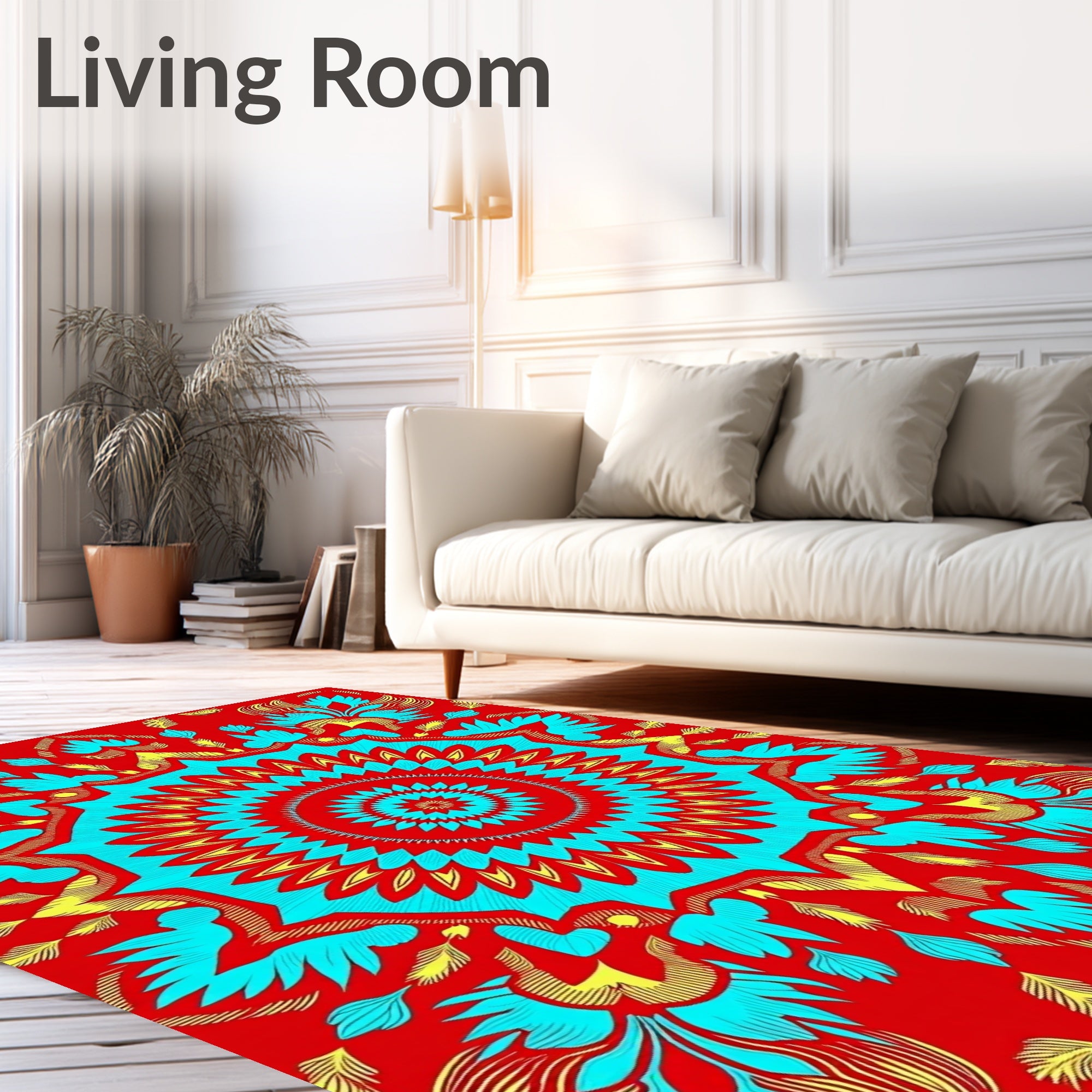 Vibrant Red Cyan Feathered Medallion Rug
