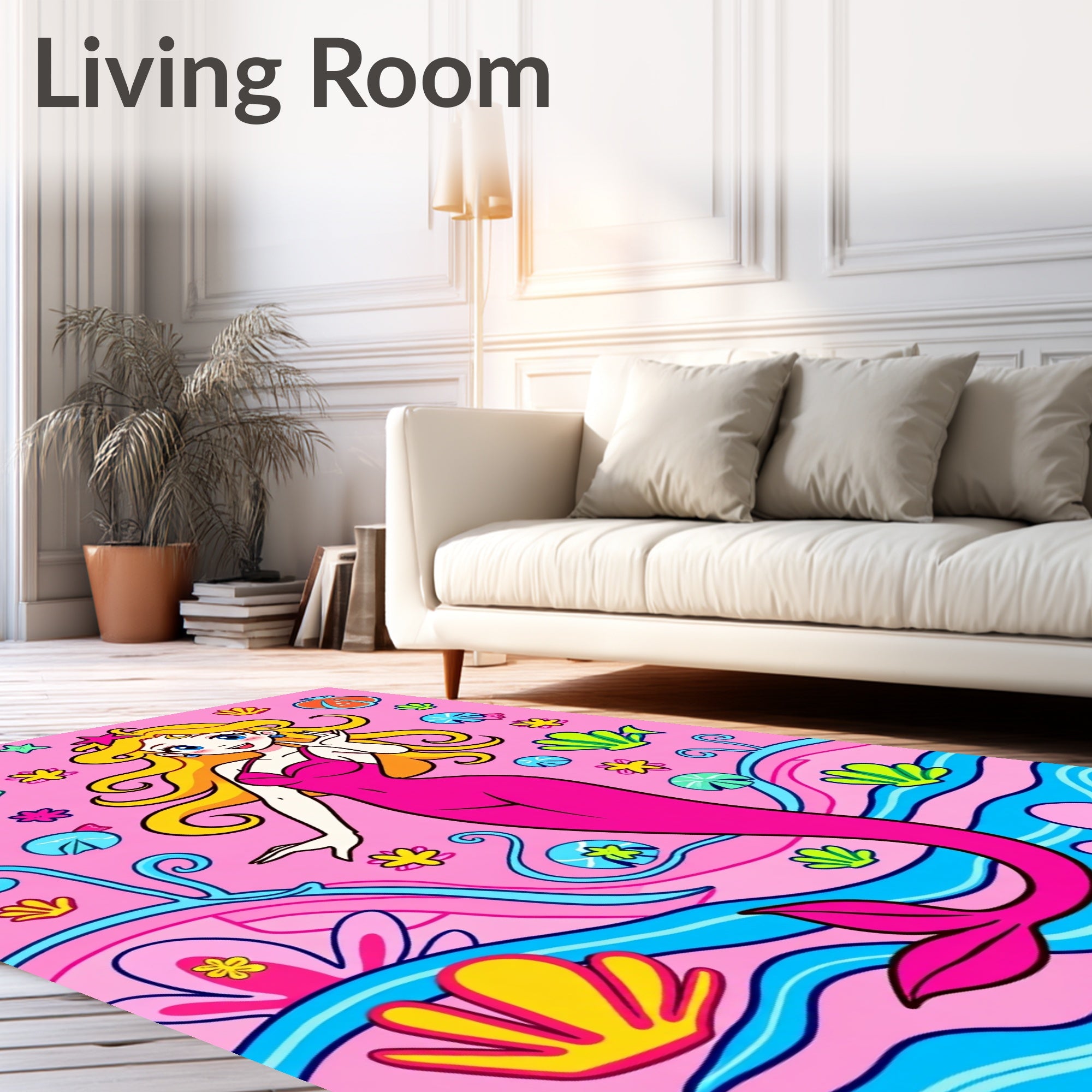 Bright Pink Mermaid Ocean Waves Rug
