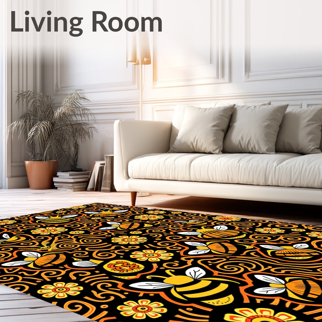 Whimsical Black Yellow Bee Floral Swirl Rug