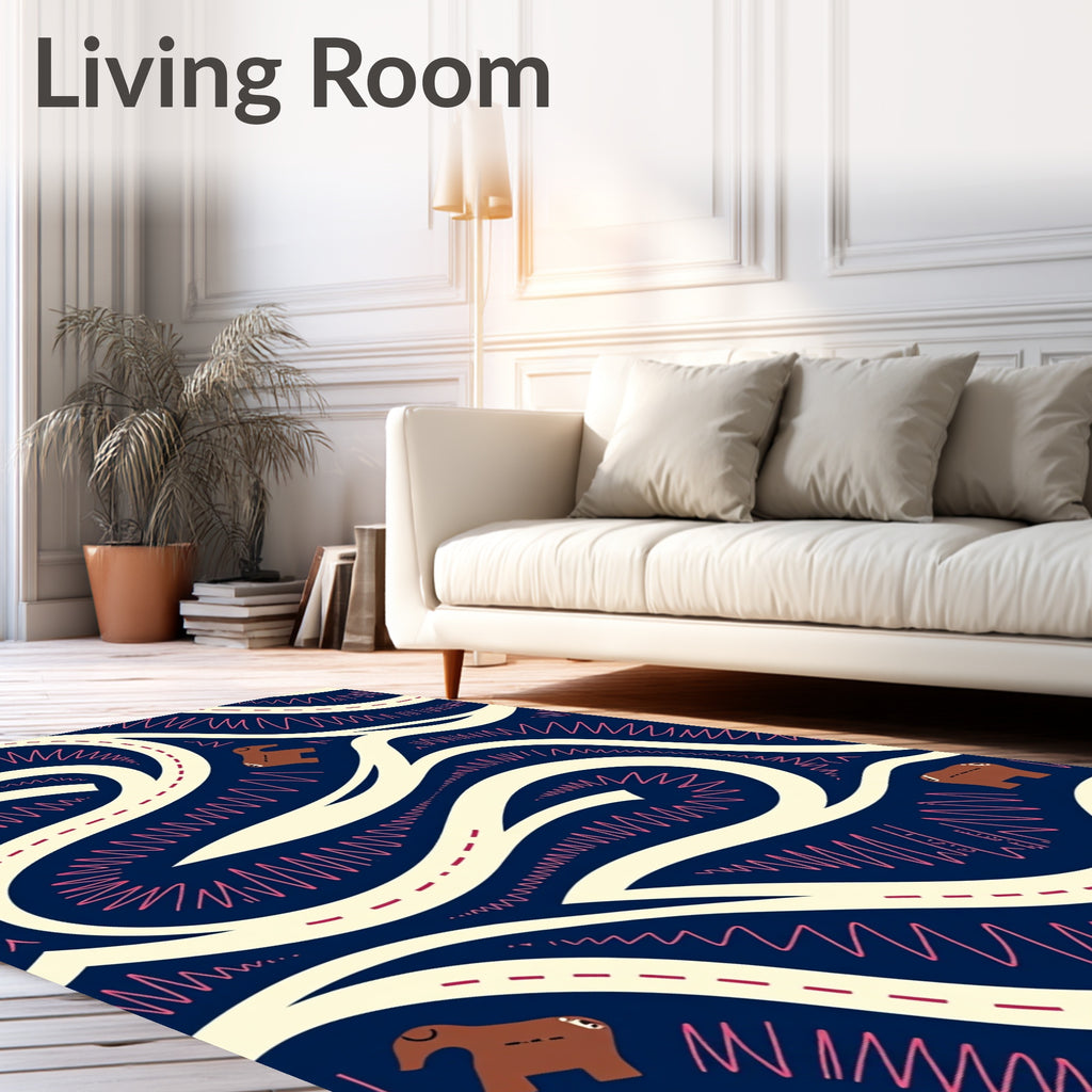 Navy Cream Brown Winding Road Animals Rug