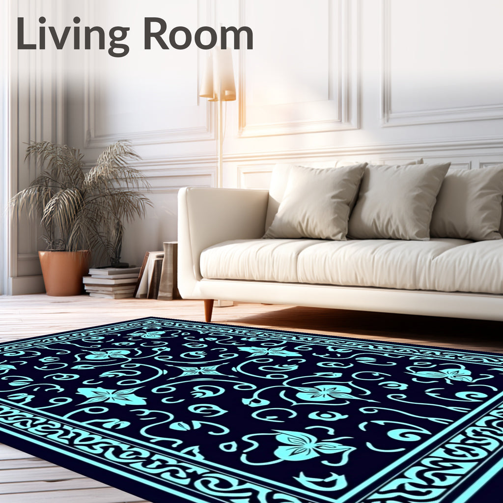Teal Floral Bordered Dark Blue Rug