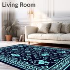 Teal Floral Bordered Dark Blue Rug
