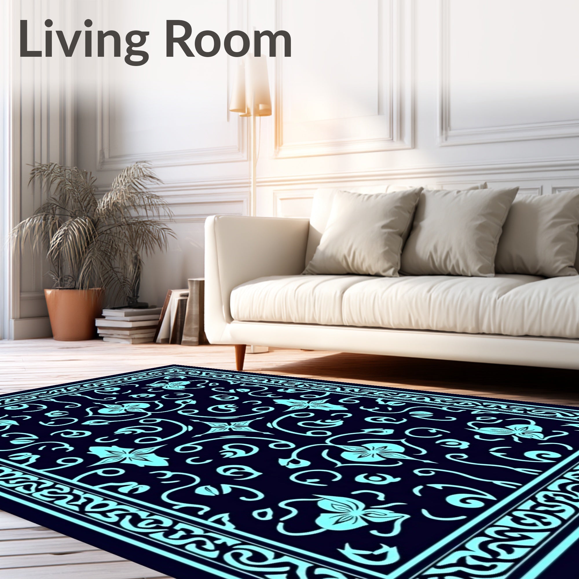 Teal Floral Bordered Dark Blue Rug