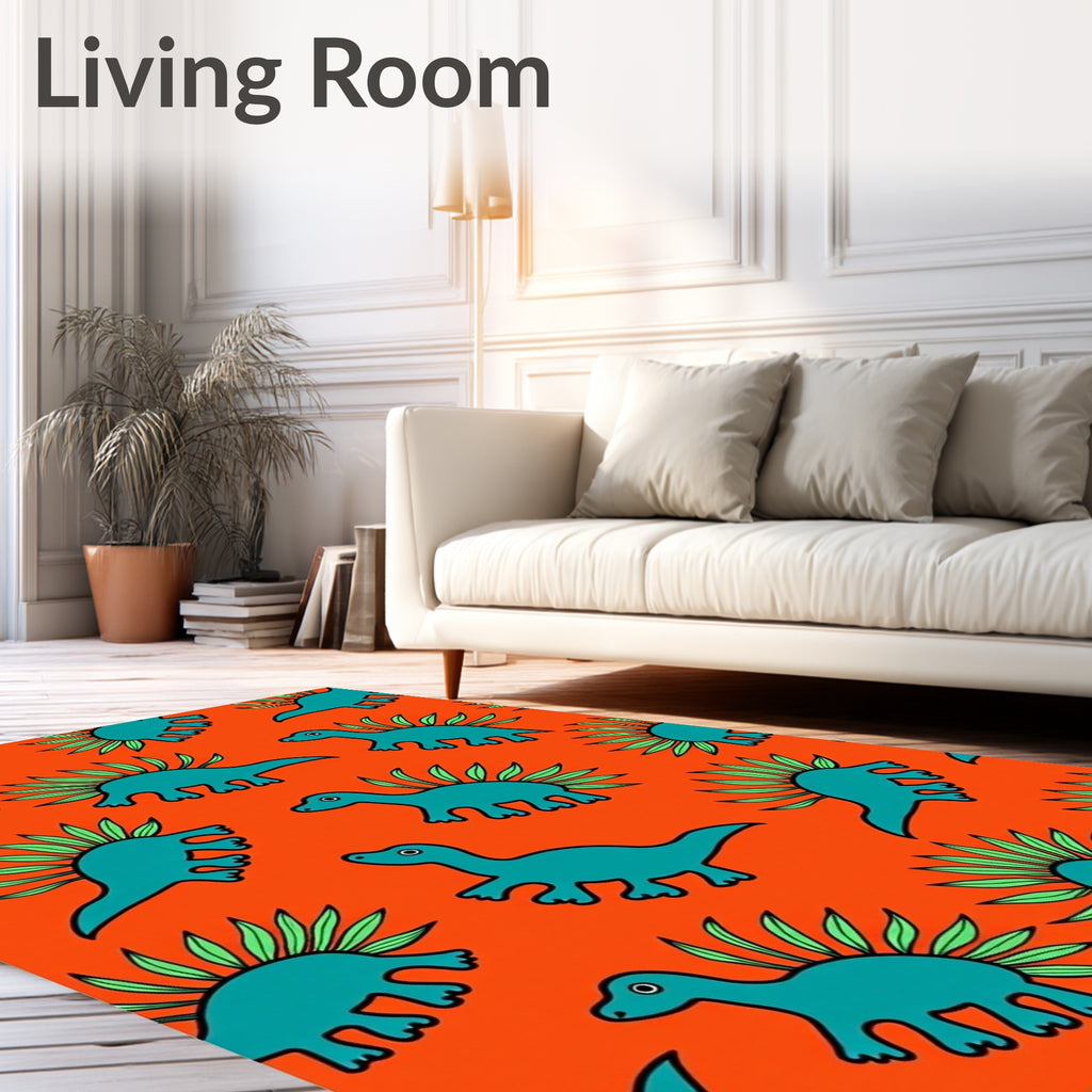 Teal Dinosaurs with Green Fins Orange Rug