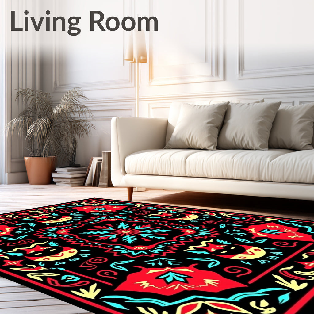 Red Yellow Blue Tribal Creatures Floral Rug