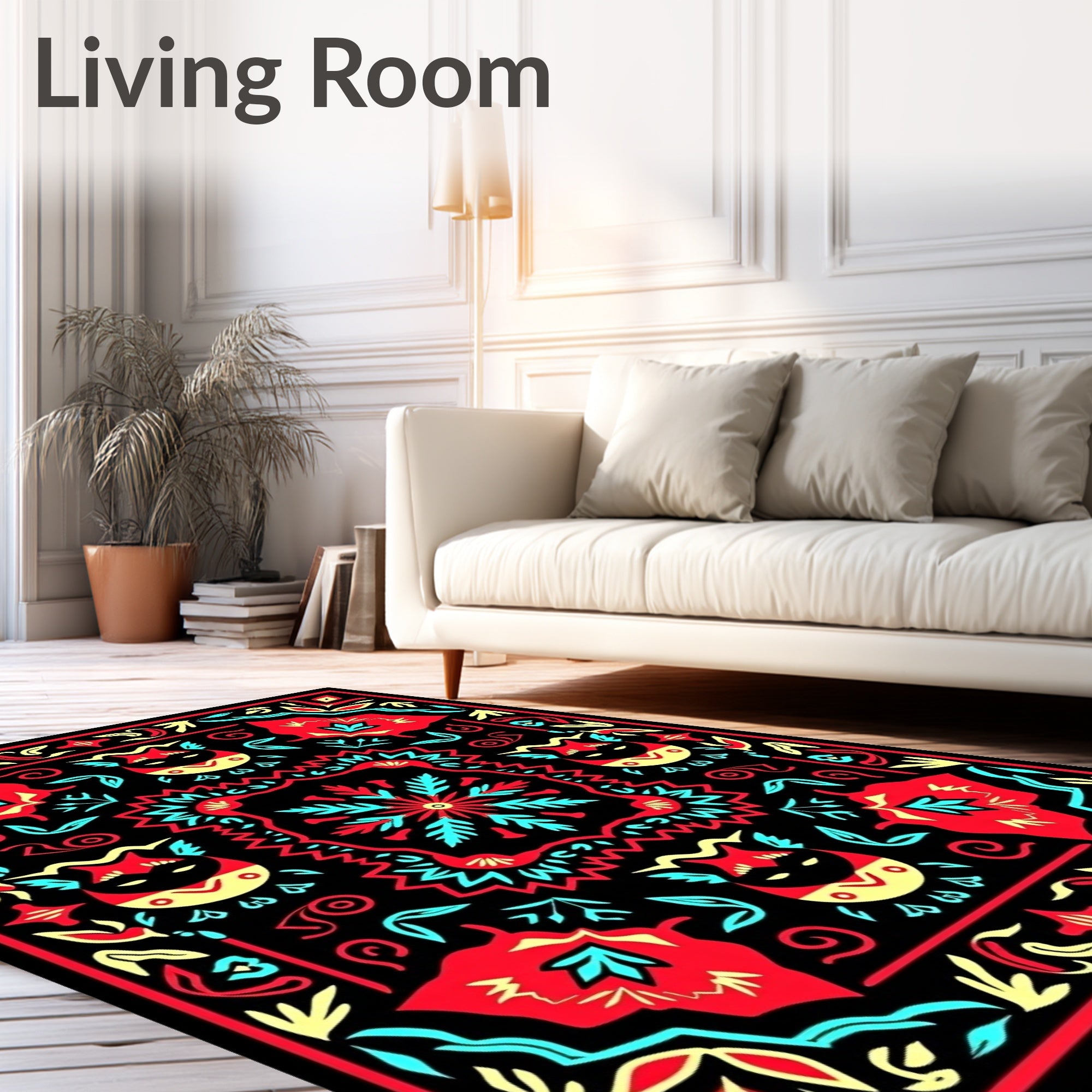 Red Yellow Blue Tribal Creatures Floral Rug