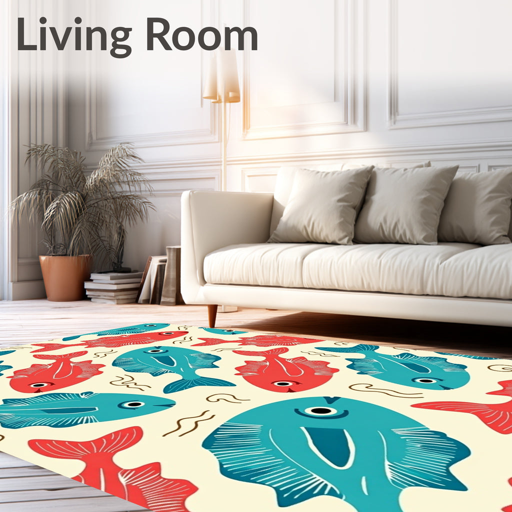 Red Blue Fish Aquatic Scene Rug