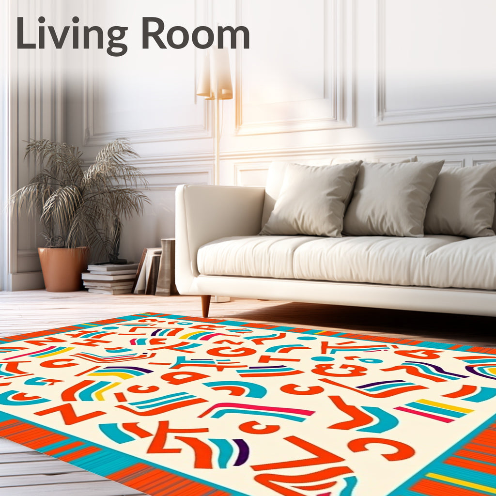 Playful Orange Alphabet Rainbow Shapes Rug