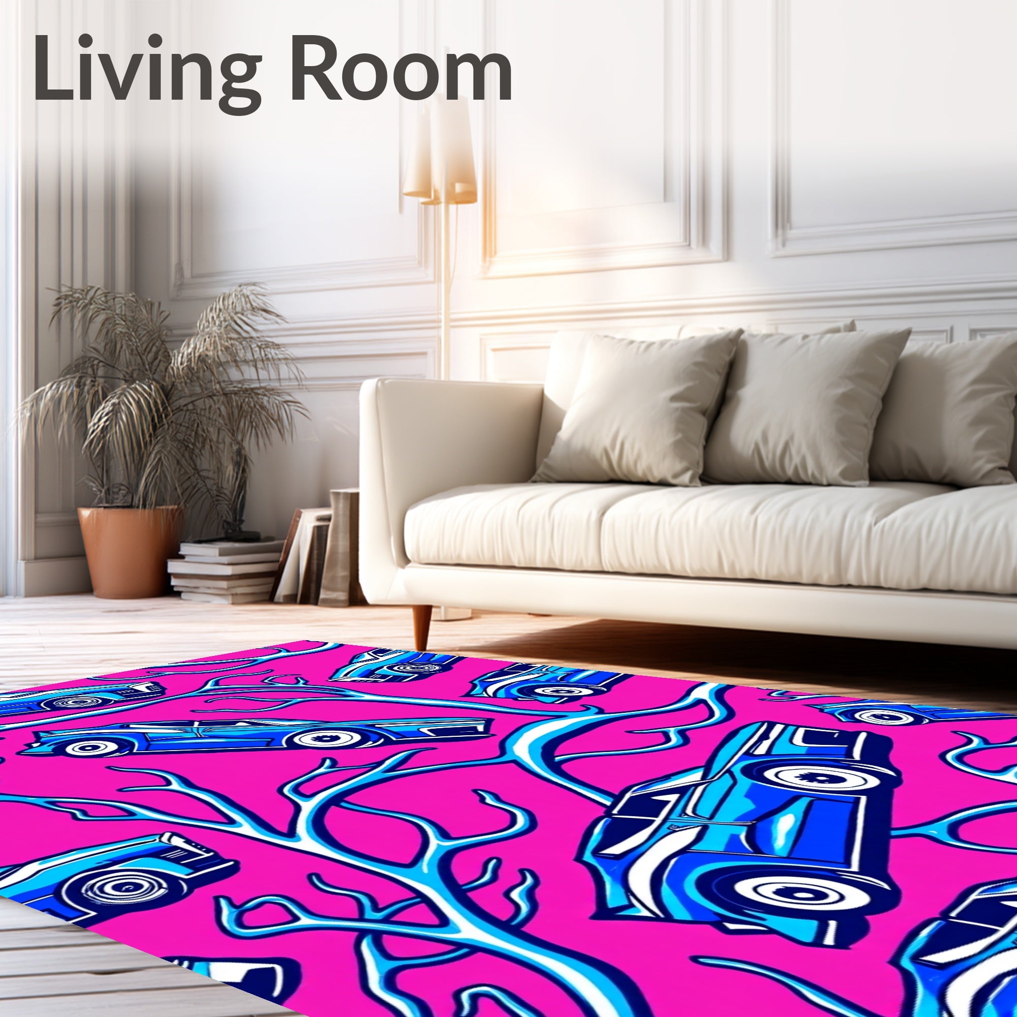 Bright Pink Blue Cartoon Cars Rug