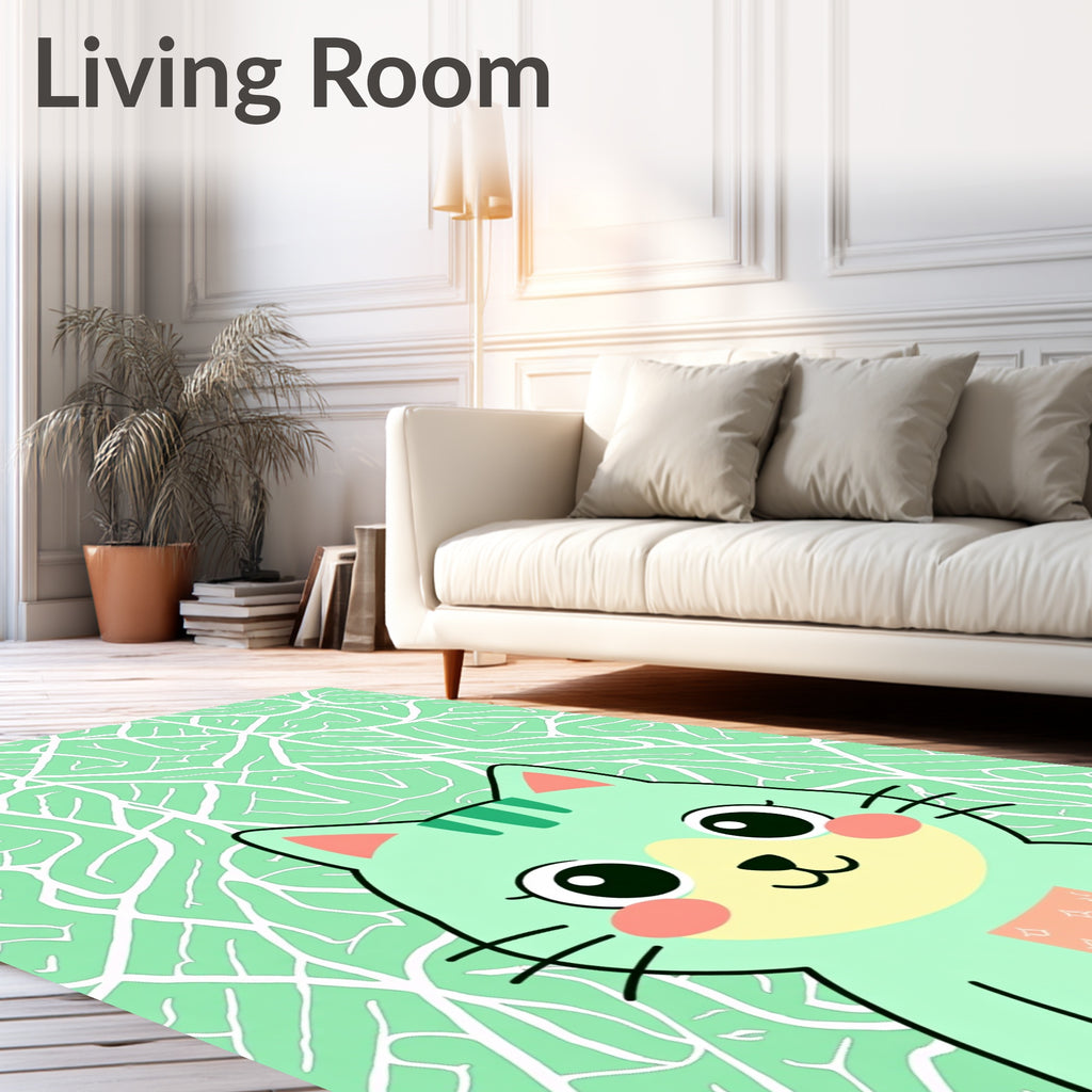 Whimsical Mint Cat Abstract Foliage Rug