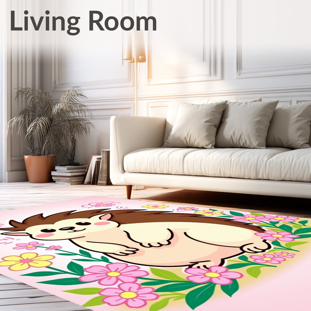 Cute Hedgehog Amongst Pink Flowers Rug