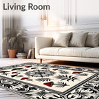 Crimson Black Mushroom Floral Frame Rug