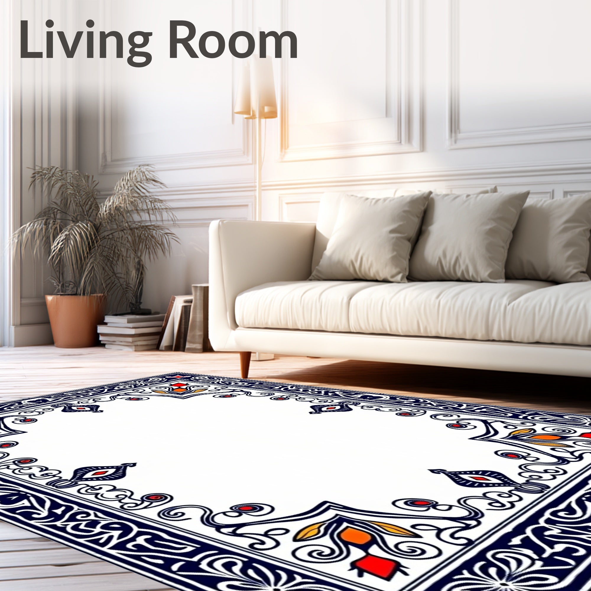 Ornate Blue Red Floral Border Rug