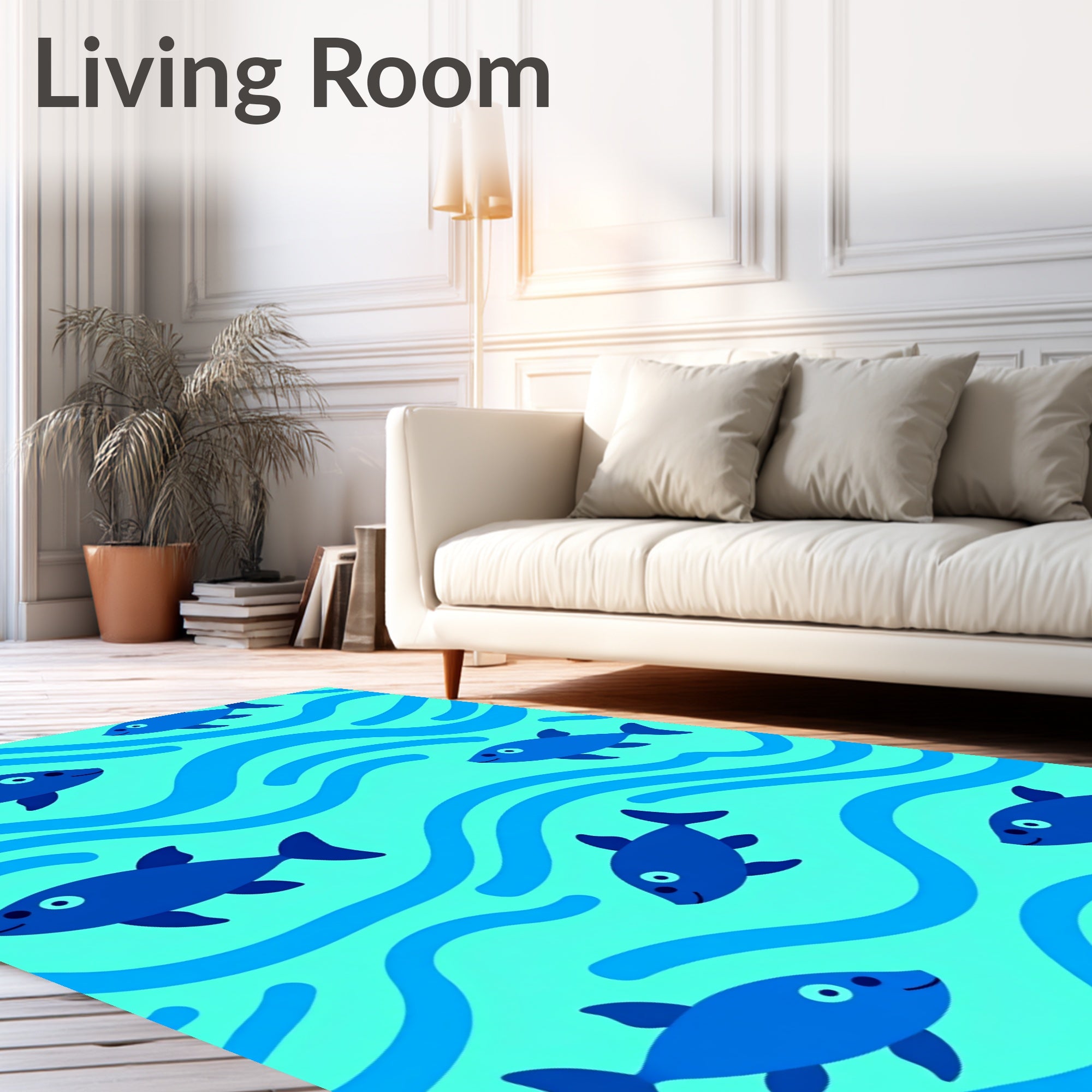 Playful Blue Fish Sea Waves Rug