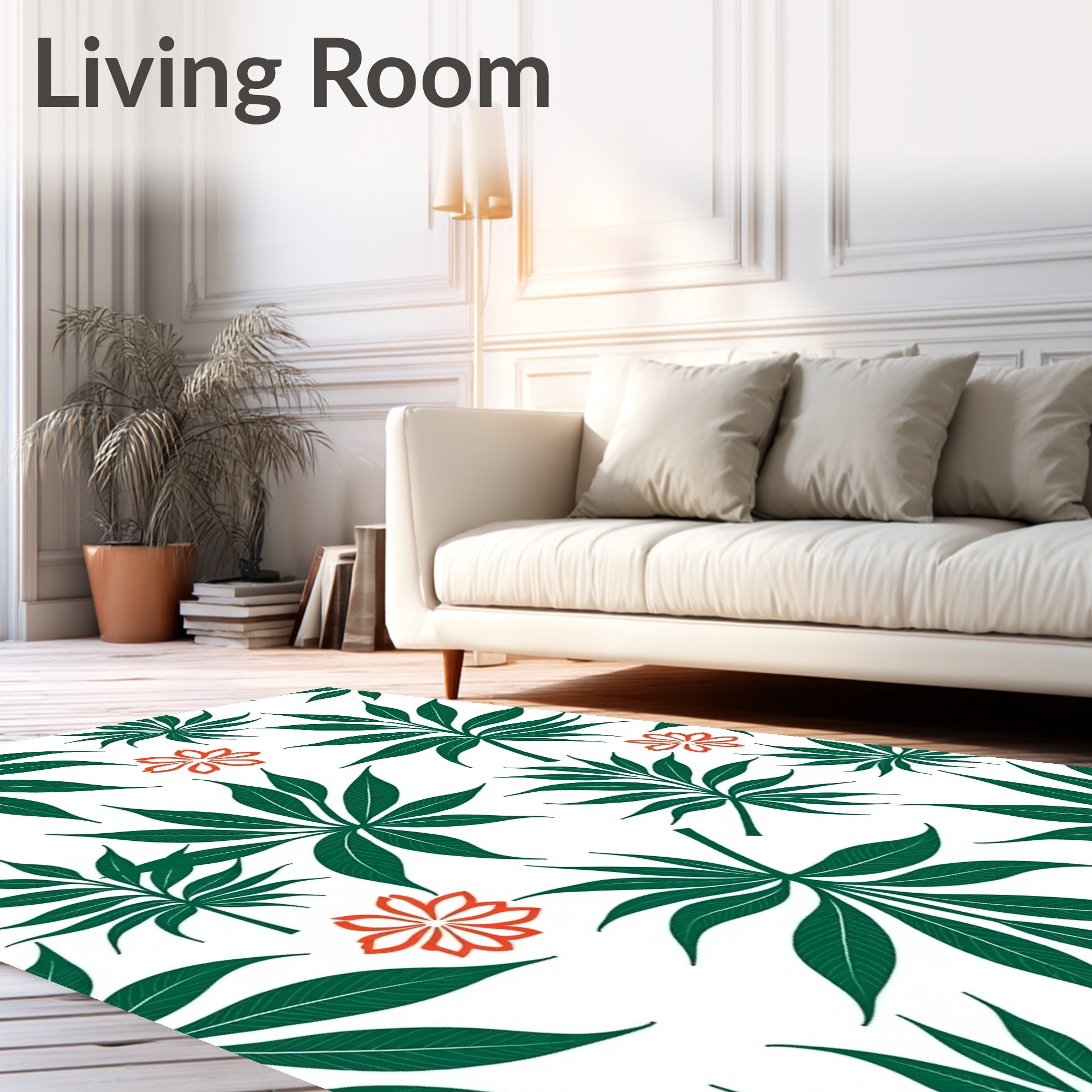 Emerald Green Palm Leaves Coral Bloom Rug