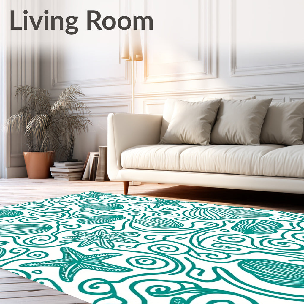 Teal Seashell Starfish Swirls Rug