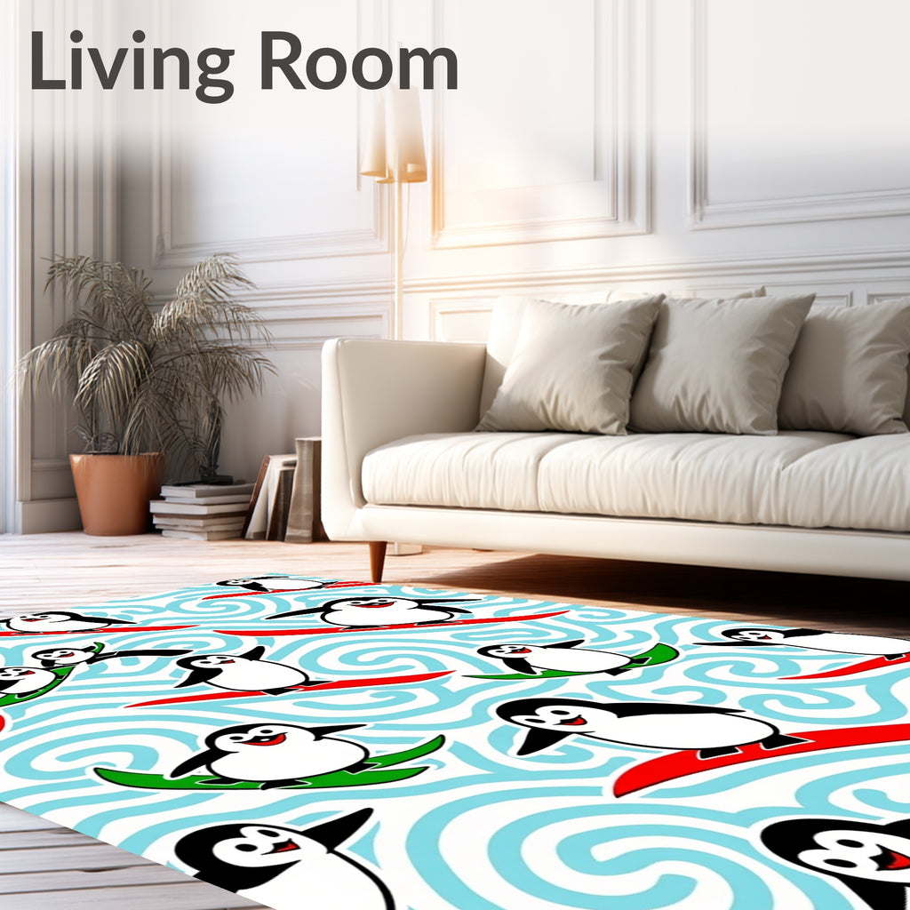 Whimsical Penguins Snowboarding Fun Rug