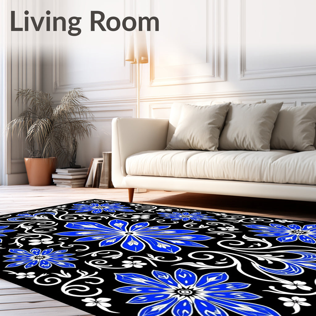 Bold Blue White Floral Mandala Rug