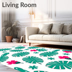 Tropical Green Leaf Pink Flower Burst Rug