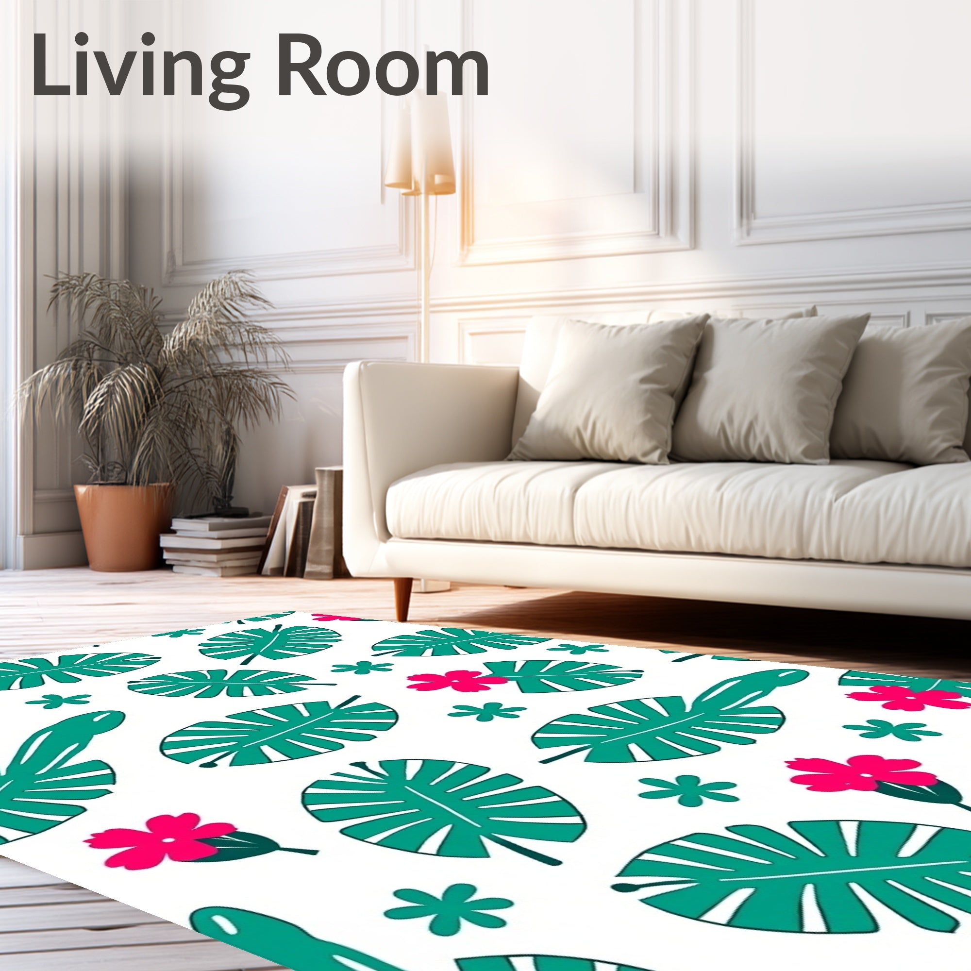 Tropical Green Leaf Pink Flower Burst Rug