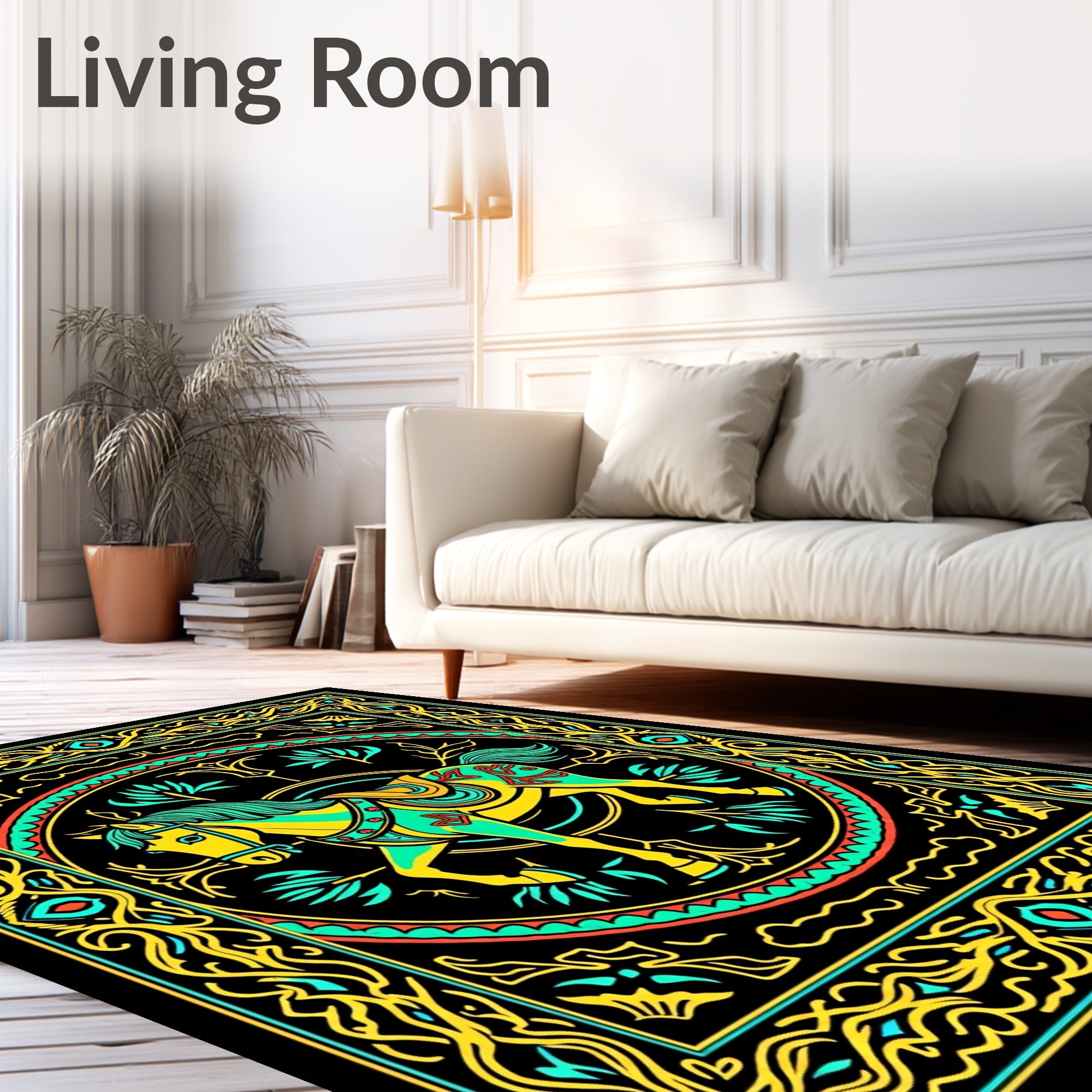 Vibrant Yellow Turquoise Horse Medallion Rug