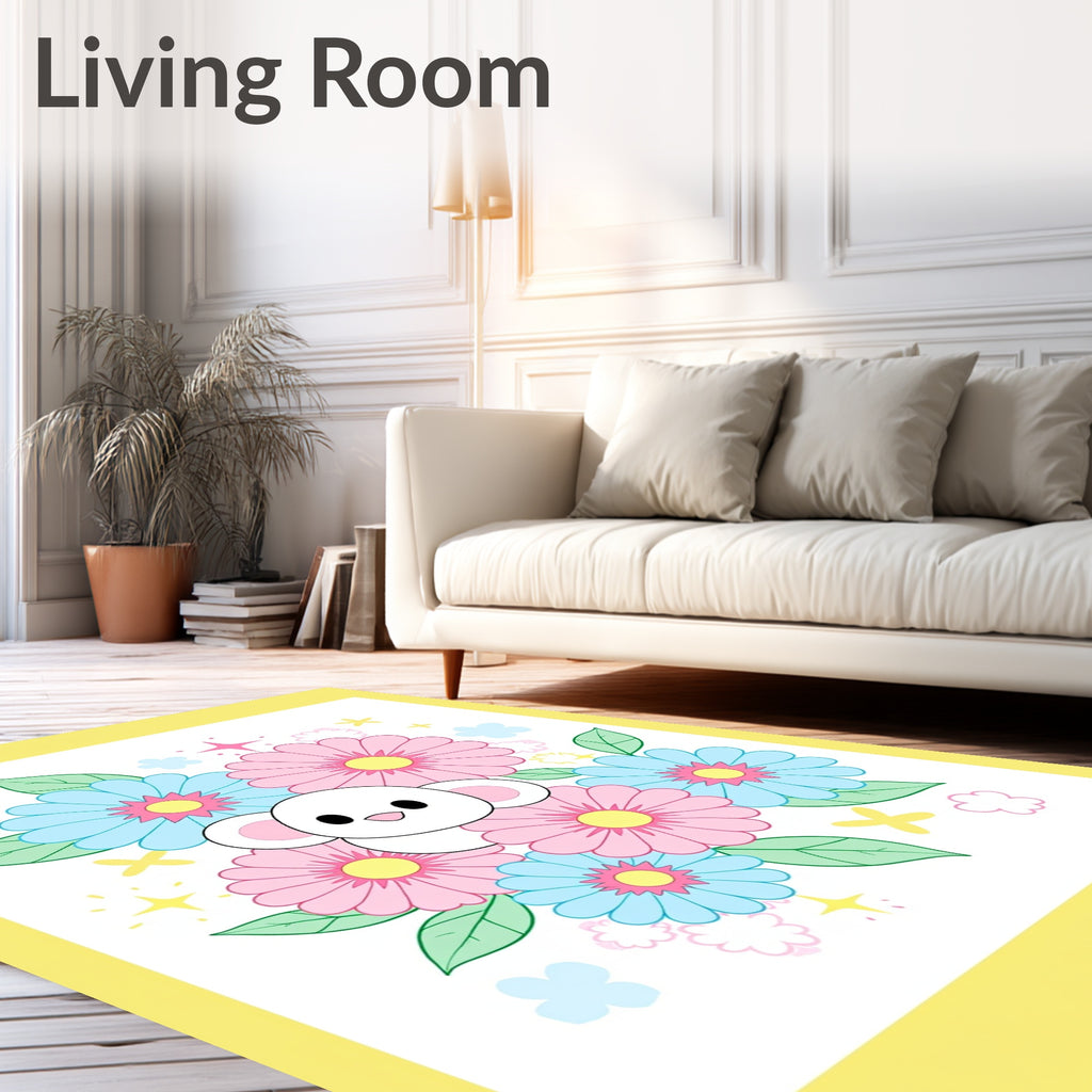 Cute White Mouse Pink Blue Flowers Rug