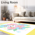 Cute White Mouse Pink Blue Flowers Rug