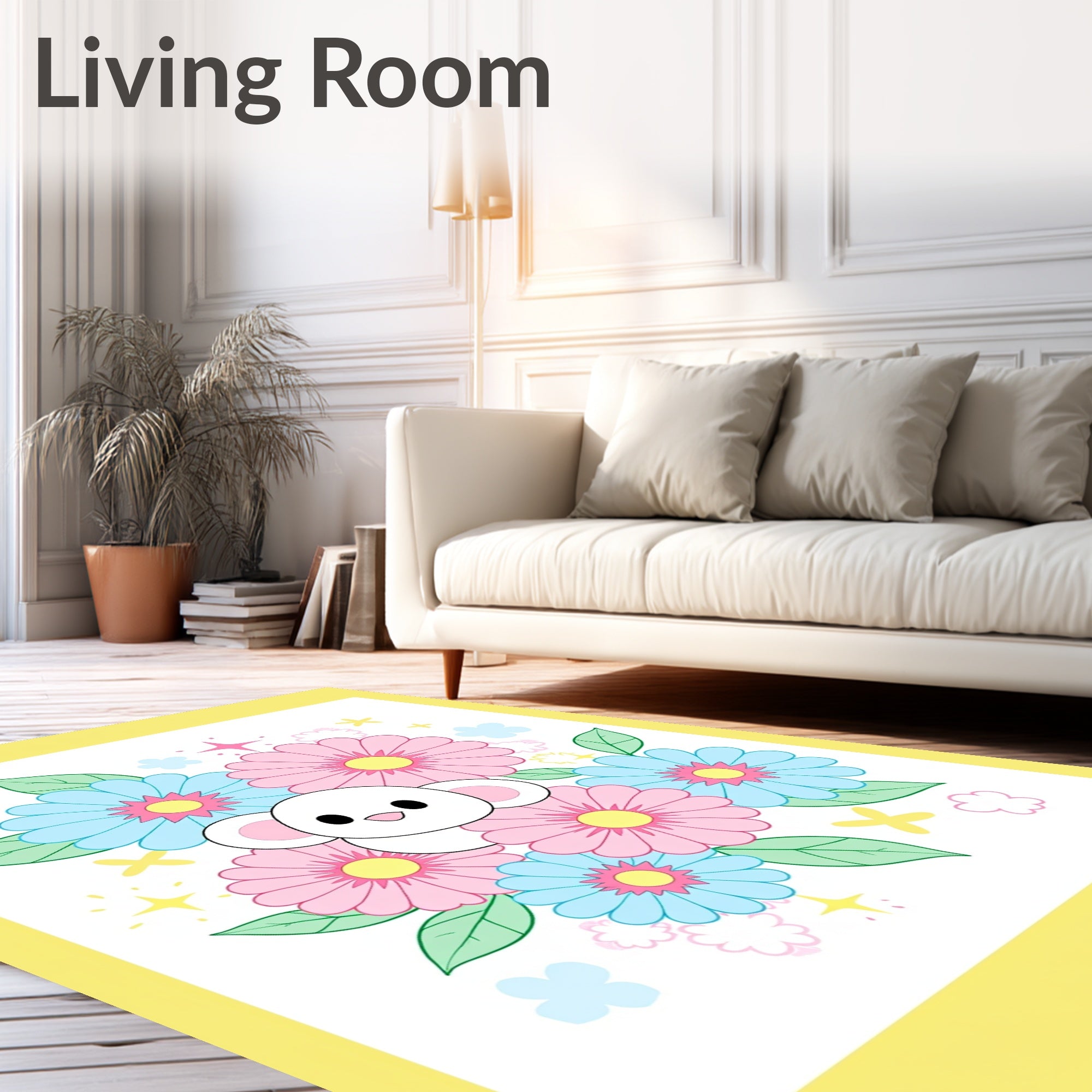 Cute White Mouse Pink Blue Flowers Rug