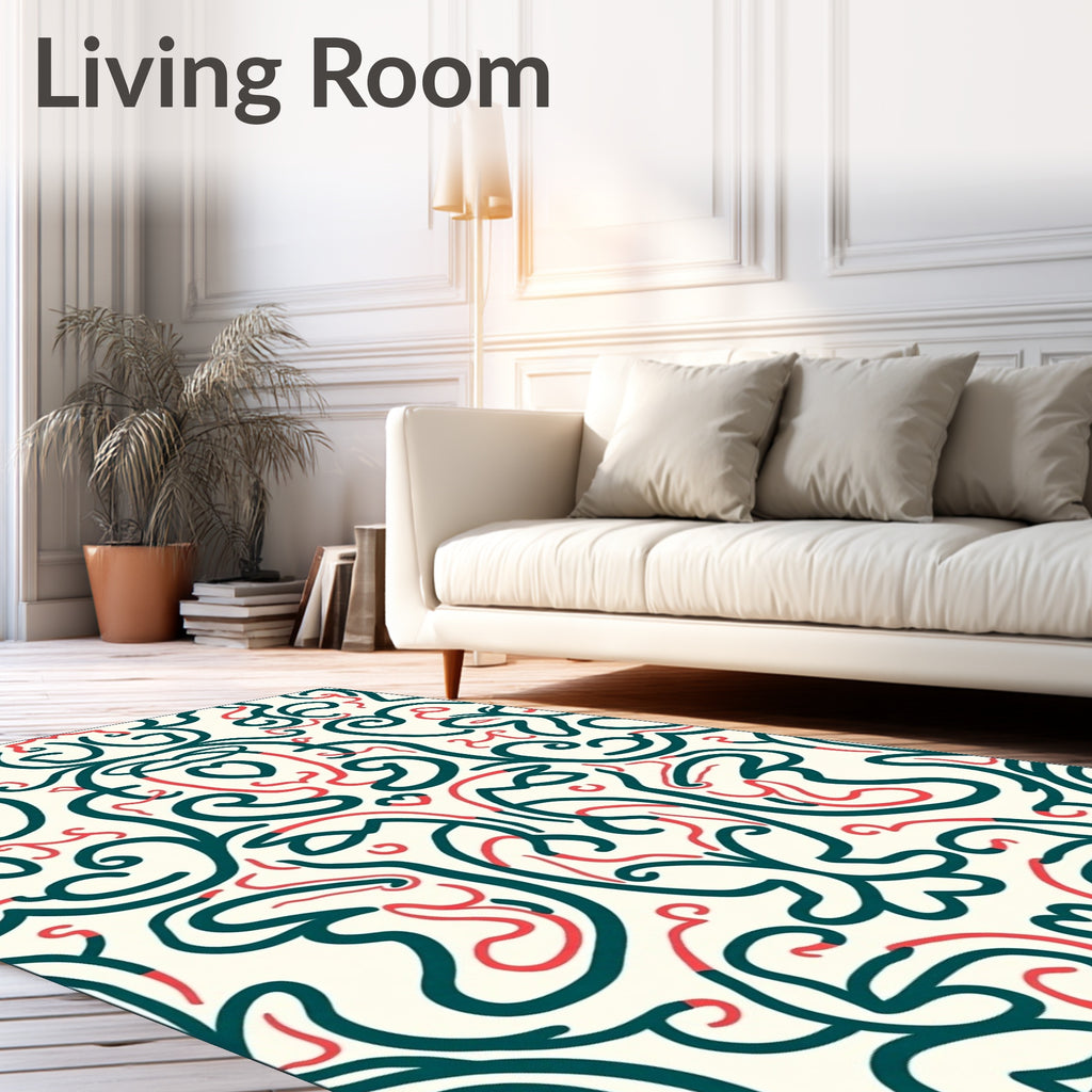 Teal Coral Floral Vine Scroll Rug