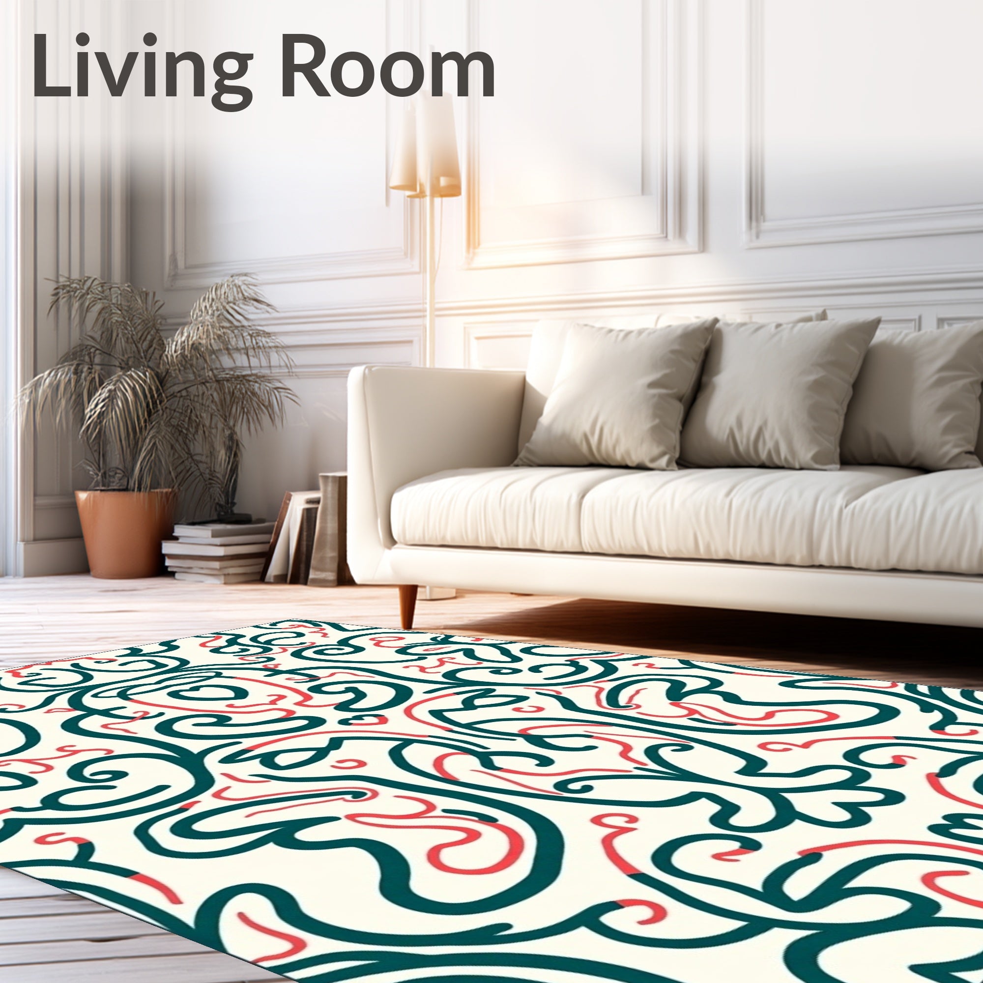 Teal Coral Floral Vine Scroll Rug