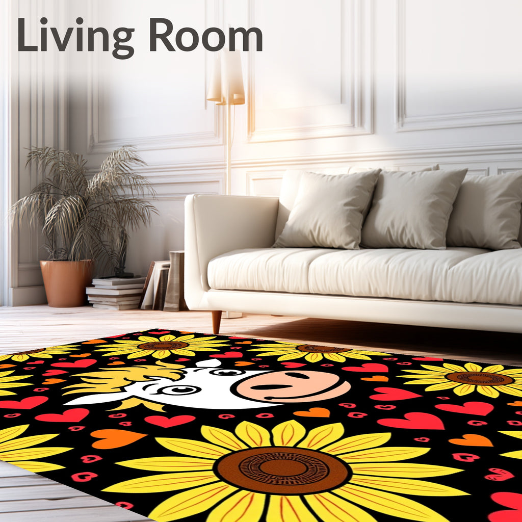 Charming Cow Sunflowers Hearts Black Rug