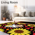 Charming Cow Sunflowers Hearts Black Rug