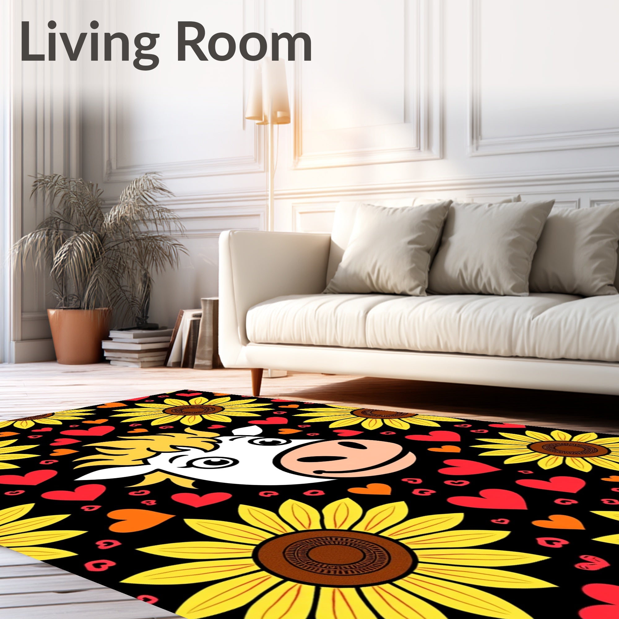 Charming Cow Sunflowers Hearts Black Rug