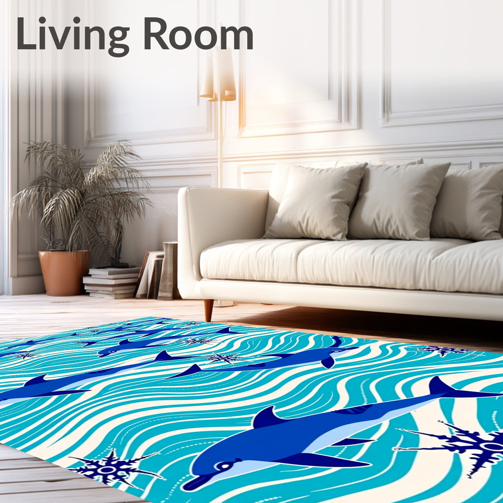Blue Dolphin Ocean Wave Compass Rose Rug